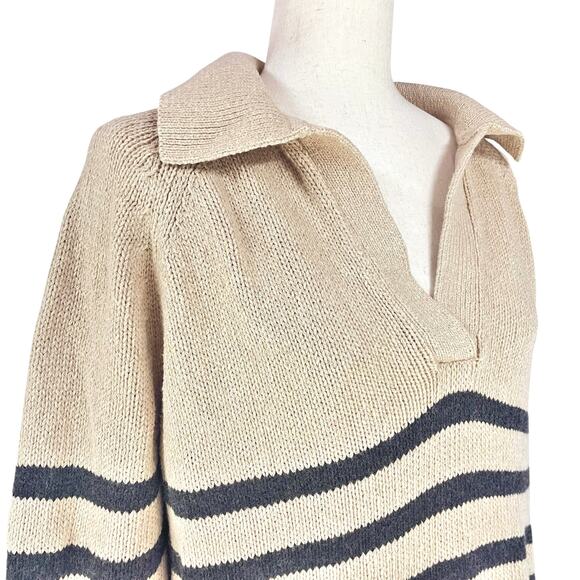 MARINE LAYER Claire Relaxed Sweater Polo in Neutral Stripe Merino Blend Size L - Picture 4 of 9